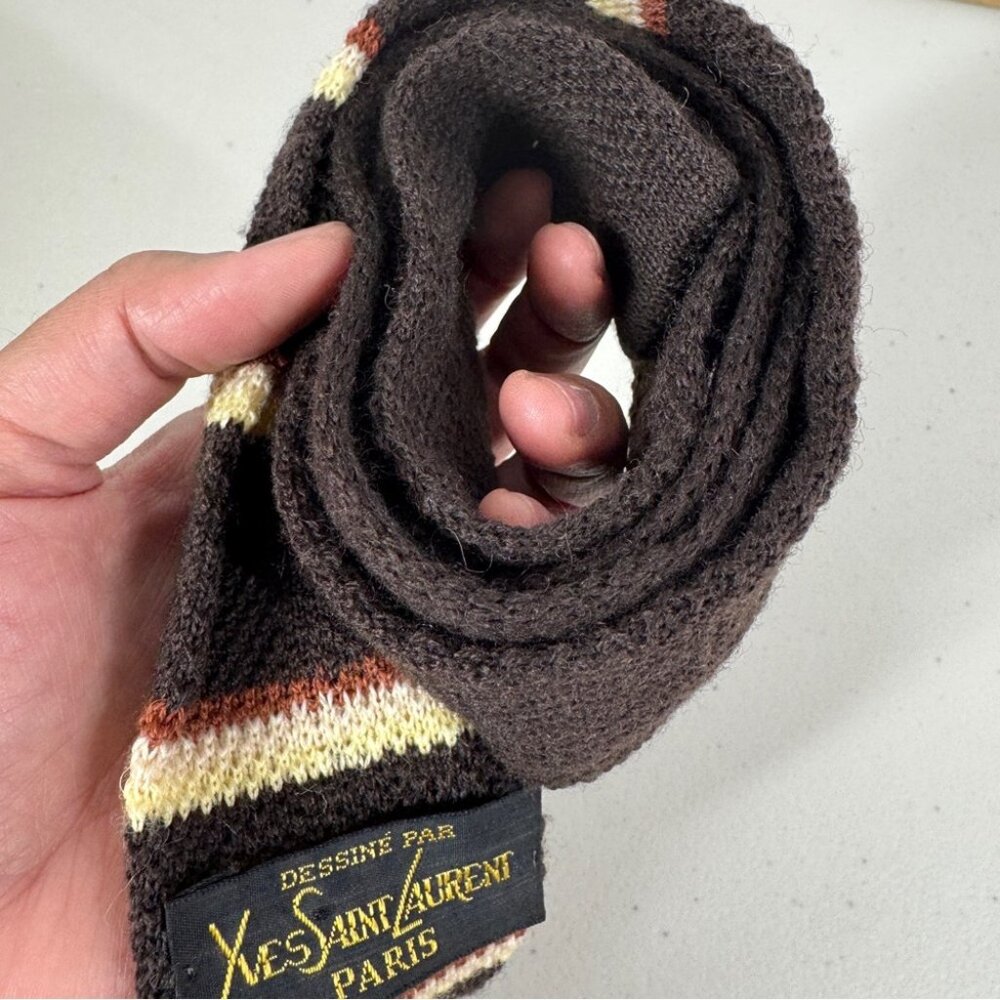 Vintage Yves Saint Laurent Paris Square Tip Knit Tie Brown Striped Necktie - Picture 7 of 15